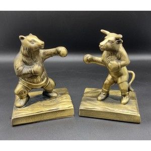 Bronze vintage USA Made stock market Bull & Bear boxing bookends rare sculpture